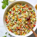 Colorful Rainbow Orzo Salad with fresh vegetables and herbs