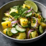 Delicious pineapple cucumber salad served in a bowl with fresh herbs.