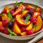 Refreshing summer peach salad with fruits and greens, ideal for warm weather.