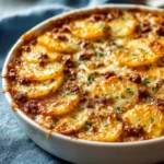Scalloped potatoes hamburger casserole served in a baked dish.