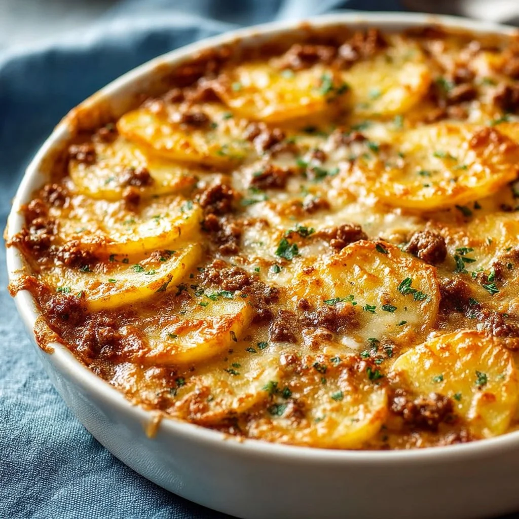 Scalloped potatoes hamburger casserole served in a baked dish.