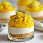 Silky no-bake mango cheesecake cups topped with fresh mango slices