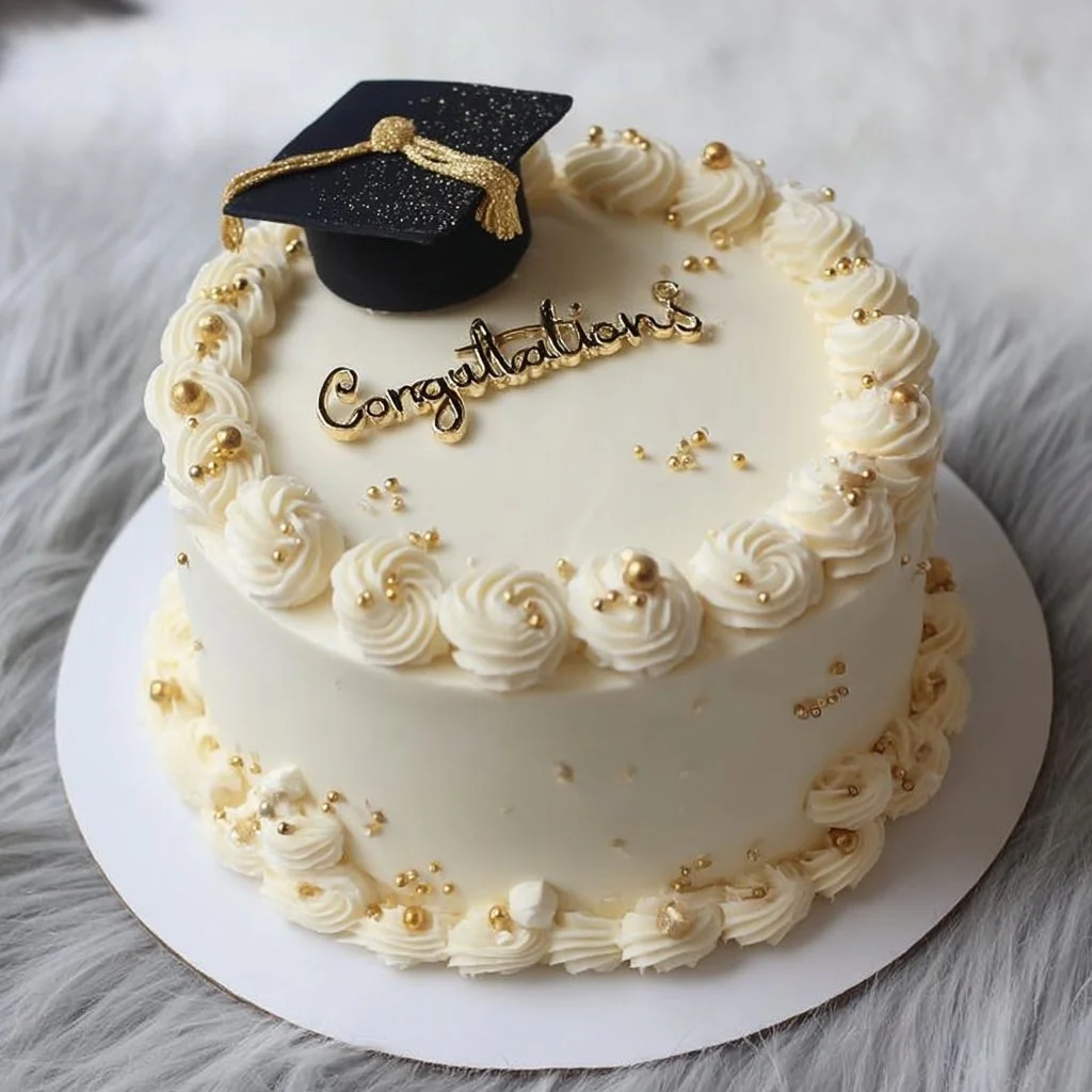 Delicious simple graduation cake decorated with a cap and diploma