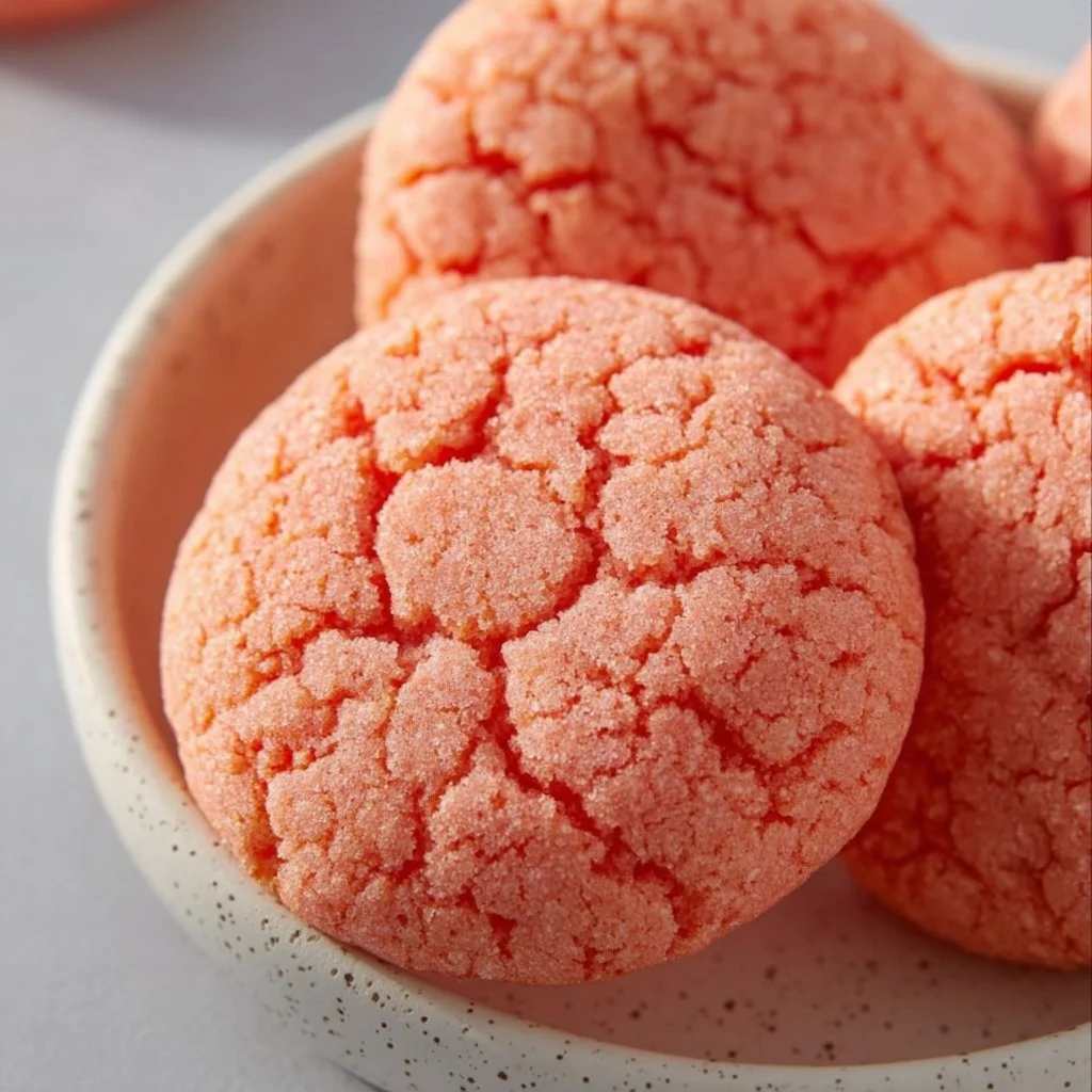 Delicious Strawberry Box Cake Mix Cookies on a plate with fresh strawberries.