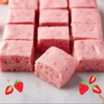 Delicious strawberry brownies topped with fresh strawberries on a white plate