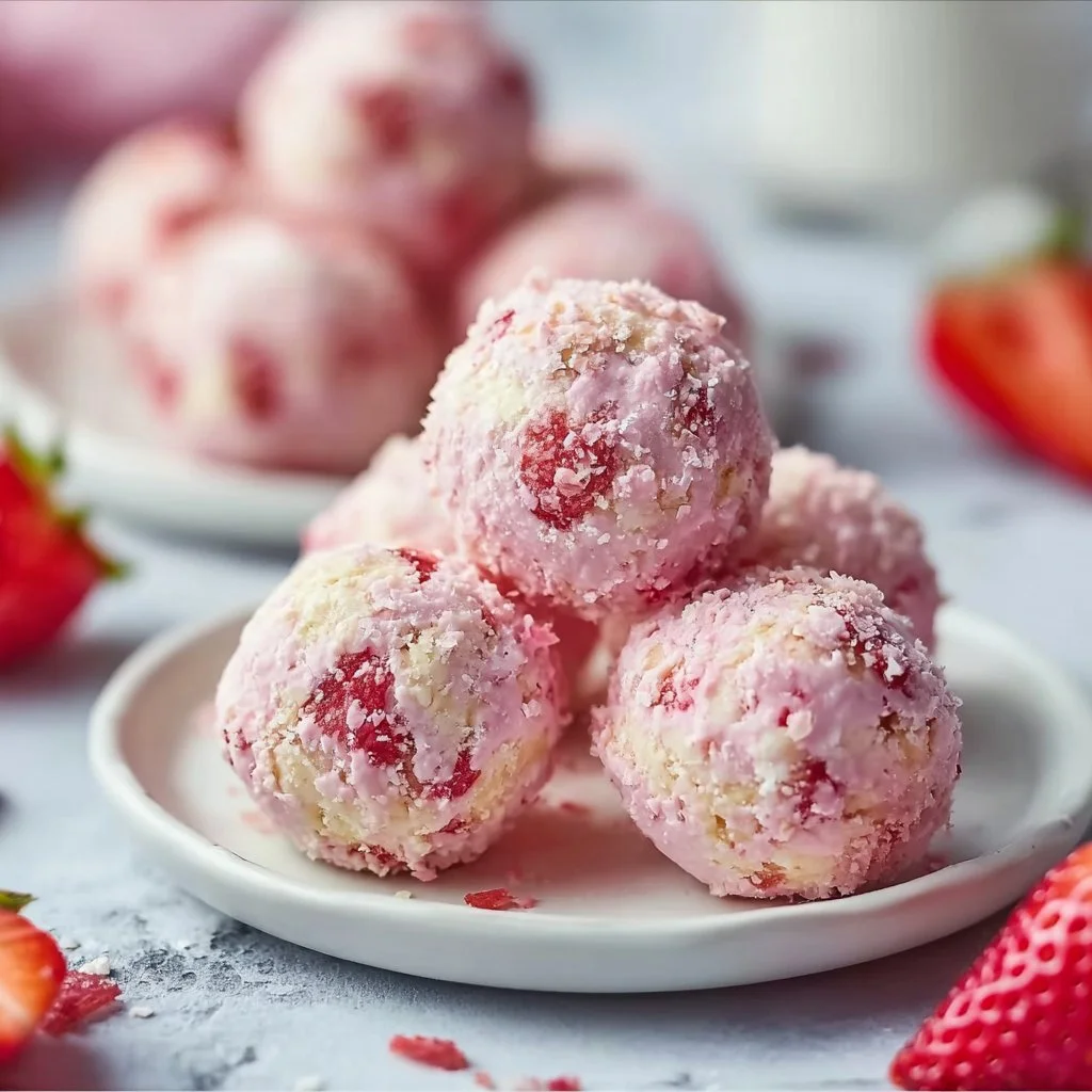 Strawberry Cheesecake Protein Balls on a white plate with fresh strawberries