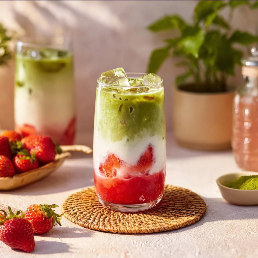 Strawberry Matcha Latte topped with fresh strawberries and matcha powder