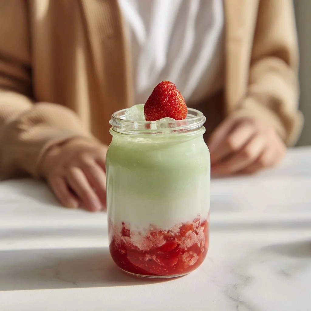 Strawberry Matcha Latte topped with strawberry cold foam in a glass