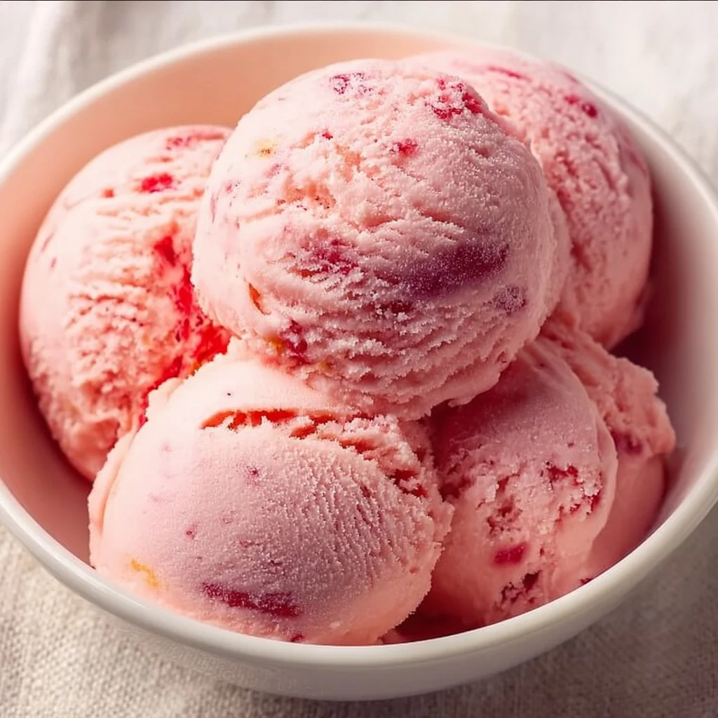 Creamy strawberry protein ice cream in a bowl topped with fresh strawberries