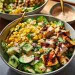 Delicious street corn creamy cucumber chicken salad served in a bowl
