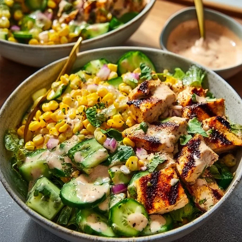 Delicious street corn creamy cucumber chicken salad served in a bowl