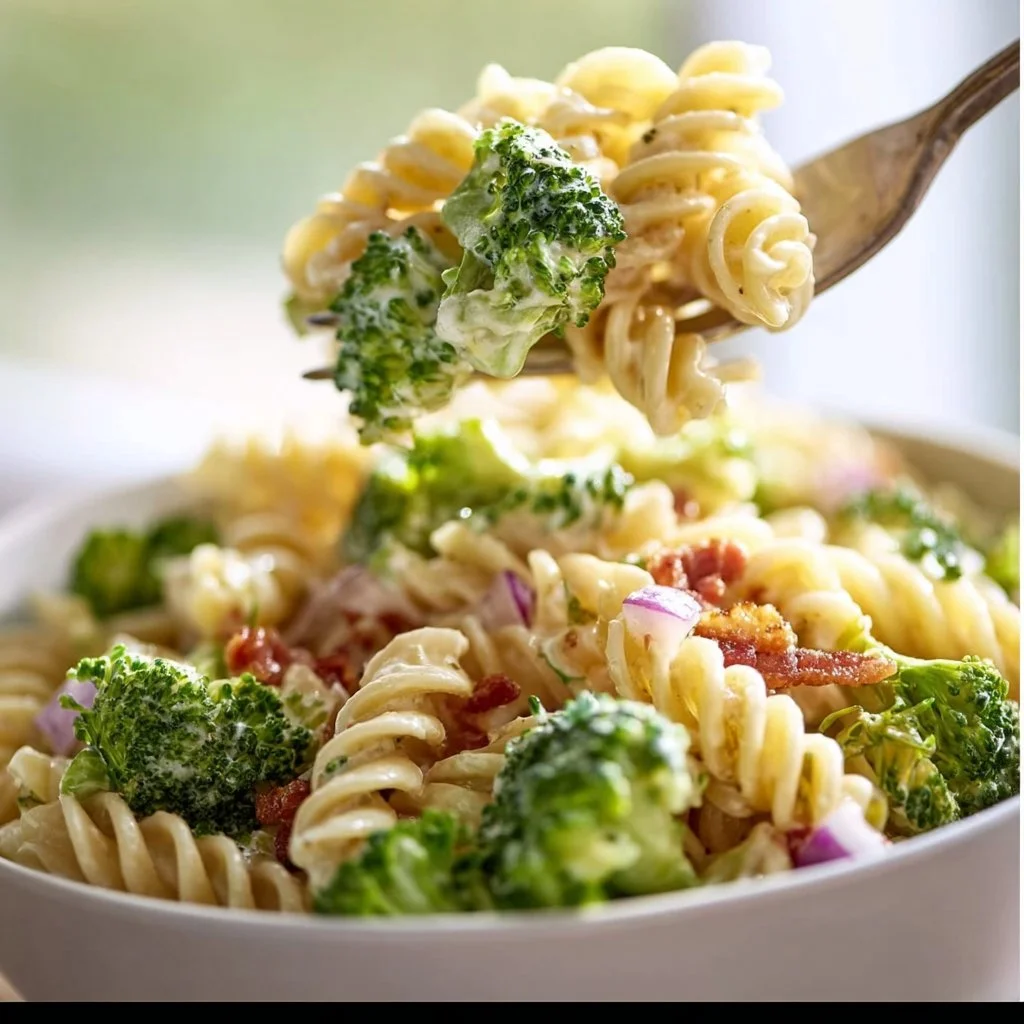 Colorful summer pasta salad with broccoli and fresh vegetables in a bowl