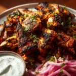 Delicious plate of perfectly spiced chicken shawarma with fresh vegetables.
