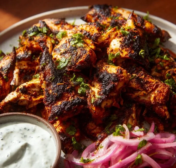 Delicious plate of perfectly spiced chicken shawarma with fresh vegetables.