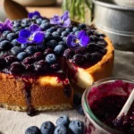 Delicious homemade blueberry cheesecake topped with fresh blueberries