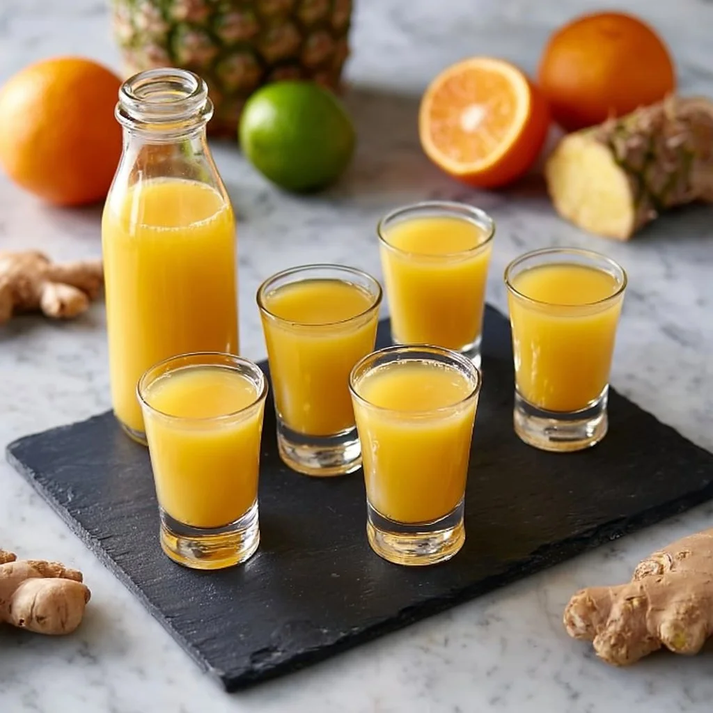 Healthy ginger shots with pineapple, orange, and cayenne ingredients
