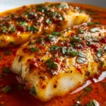 Tilapia fillets in roasted pepper sauce garnished with herbs served on a plate