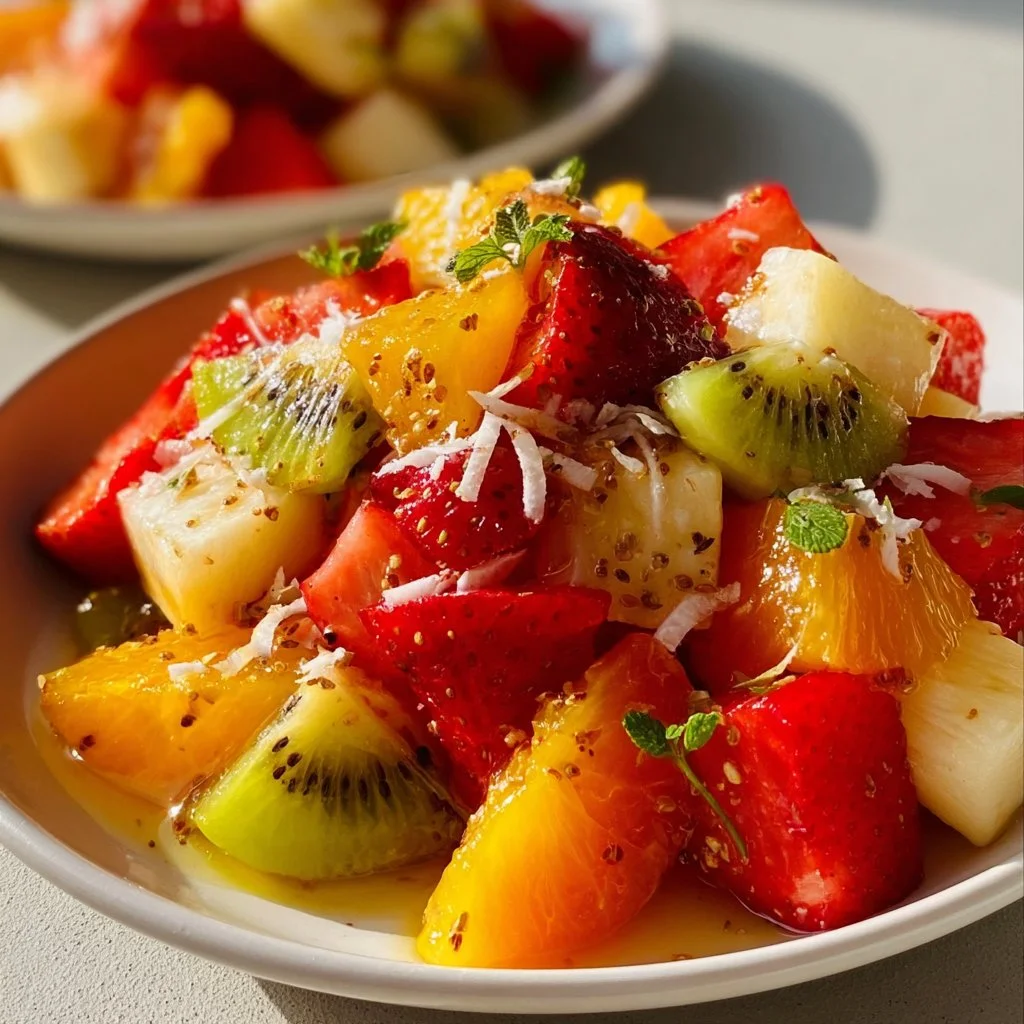 Colorful tropical fruit salad with pineapple, mango, and kiwi in a bowl