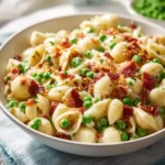 Ultimate creamy pasta salad with peas and bacon in a serving bowl