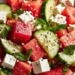 A vibrant Watermelon Cucumber Feta Salad served in a bowl with fresh herbs.