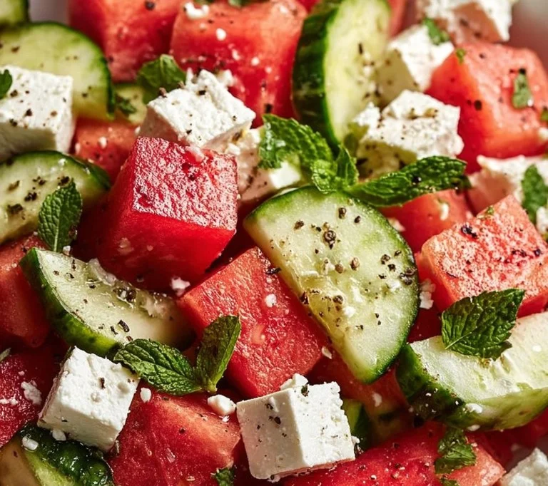 A vibrant Watermelon Cucumber Feta Salad served in a bowl with fresh herbs.