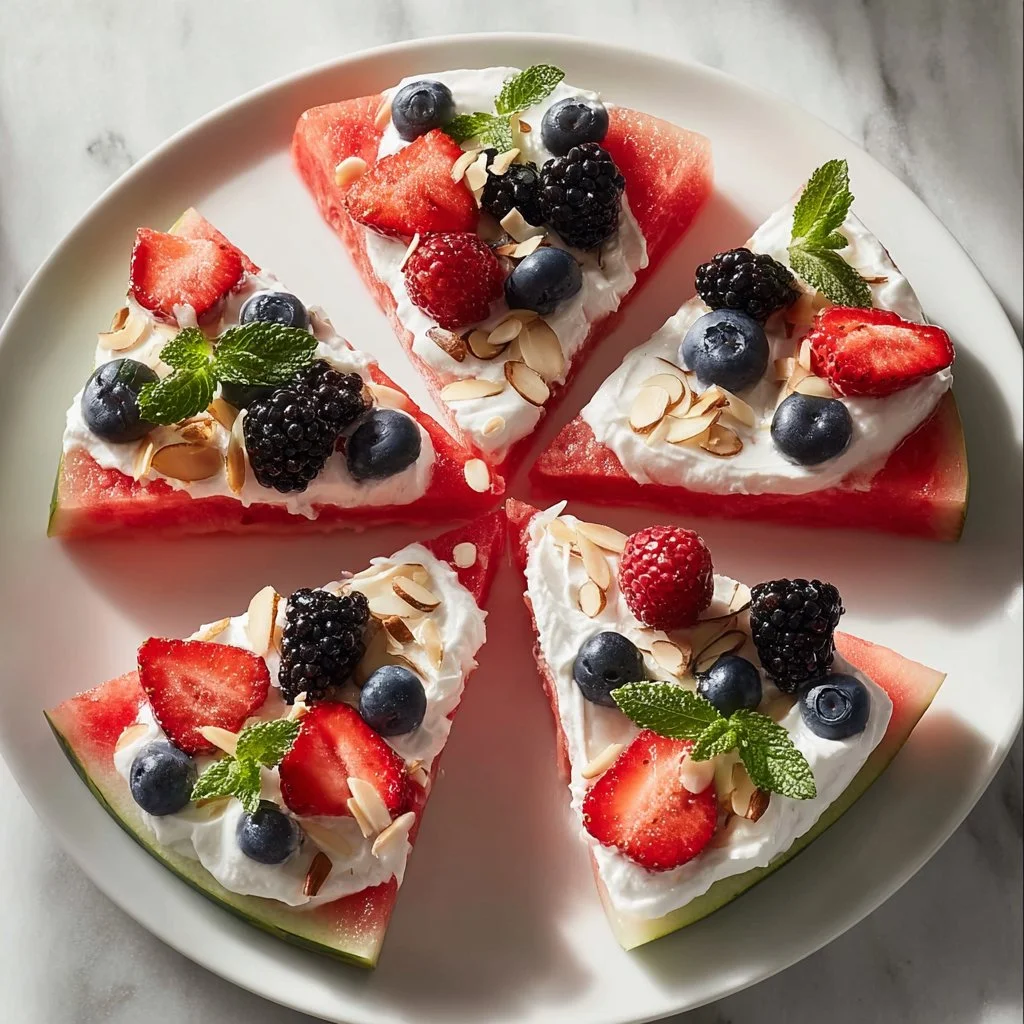 Colorful and delicious Watermelon Pizza topped with fruits and mint.