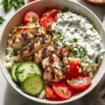 Whipped Cottage Cheese Tzatziki Chicken Bowls served in a rustic bowl with fresh ingredients.