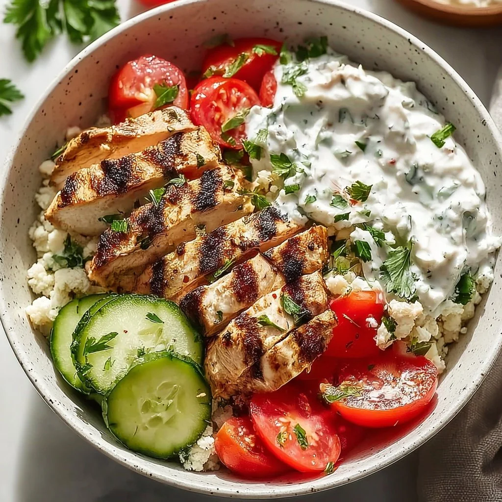 Whipped Cottage Cheese Tzatziki Chicken Bowls served in a rustic bowl with fresh ingredients.