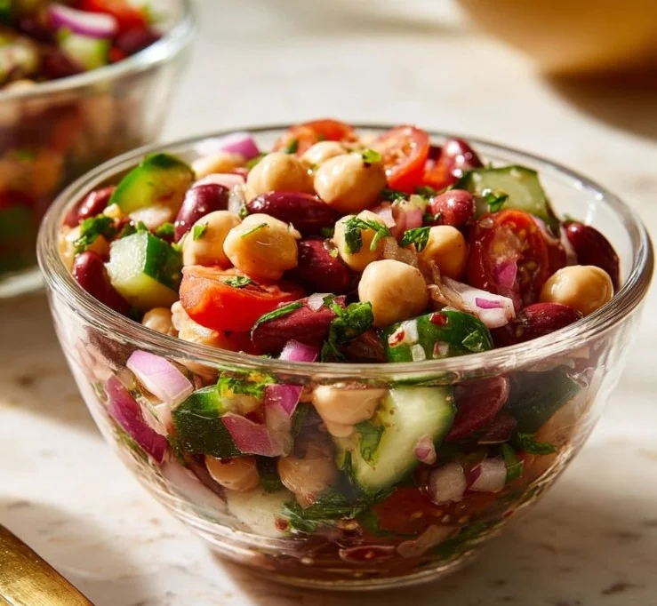 Colorful zesty bean salad with fresh vegetables and herbs in a bowl