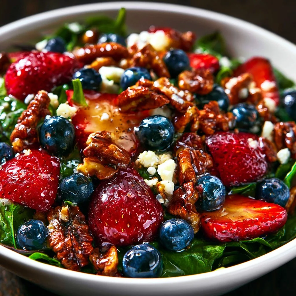 Fresh strawberry spinach salad with nuts and dressing on a plate