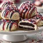 4th of July Oreos dipped in white chocolate, decorated for Independence Day.