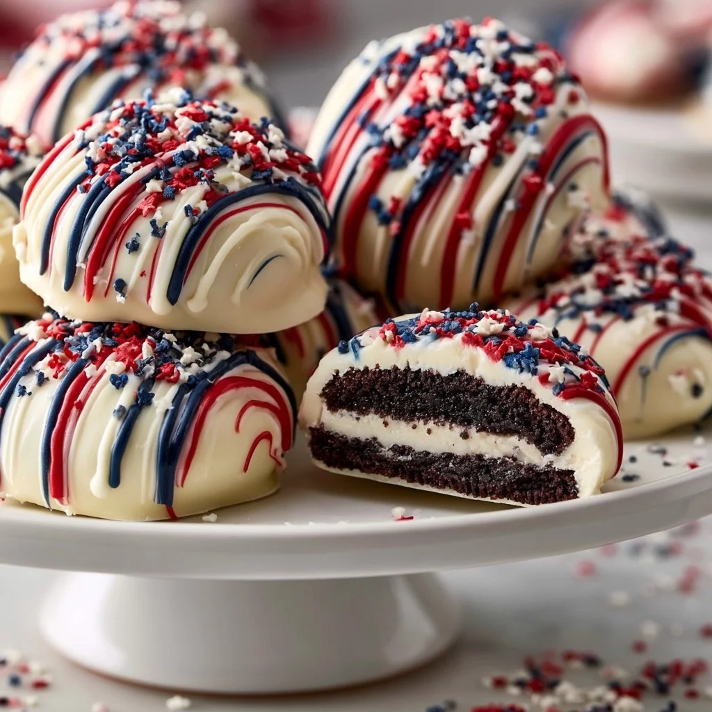 4th of July Oreos dipped in white chocolate, decorated for Independence Day.