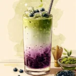 Delicious blueberry matcha latte with fresh blueberries and matcha powder