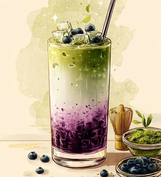 Delicious blueberry matcha latte with fresh blueberries and matcha powder