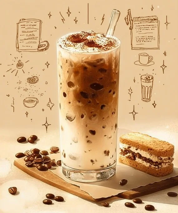 Delicious tiramisu iced latte with coffee and cream layered beautifully
