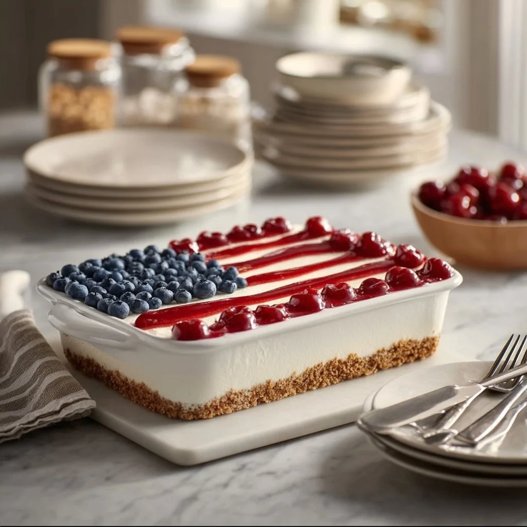 American Flag No-Bake Cheesecake decorated with berries and whipped cream