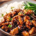 High protein sesame chicken served with sesame seeds and vegetables