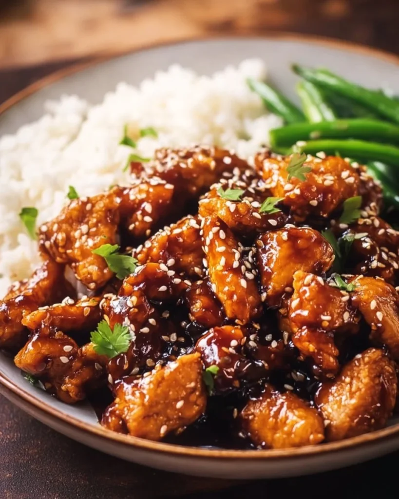 High protein sesame chicken served with sesame seeds and vegetables