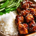 Plate of high protein Asian sesame chicken garnished with sesame seeds