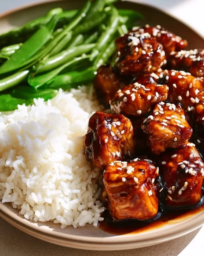 Plate of high protein Asian sesame chicken garnished with sesame seeds