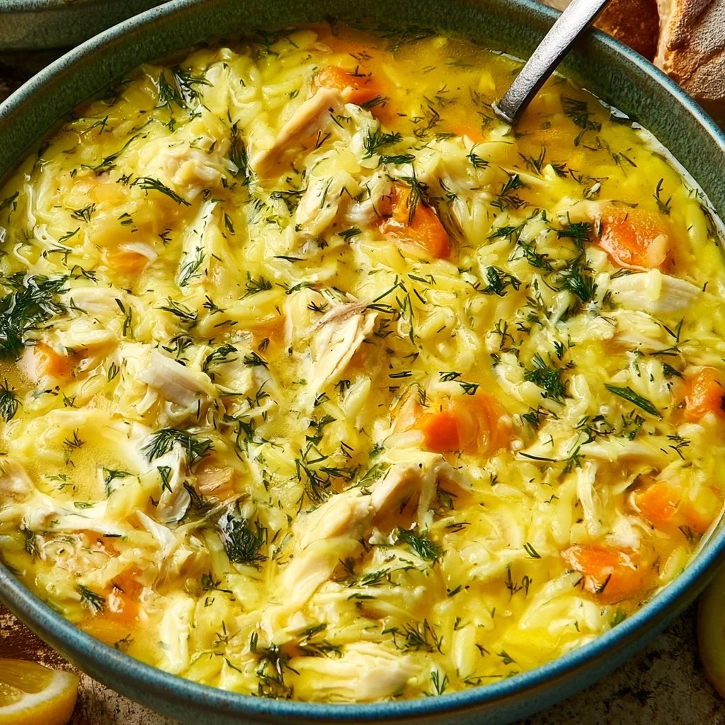 Bowl of Greek lemon chicken soup, Avgolemono, garnished with herbs.