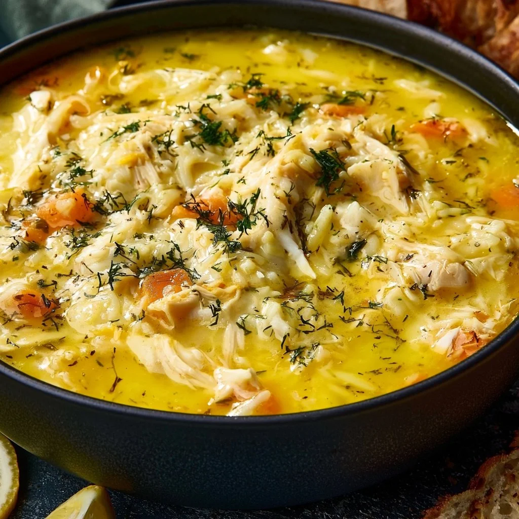 Bowl of Avgolemono Greek lemon chicken soup garnished with herbs