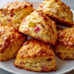 Delicious baked buttery rhubarb scones on a plate