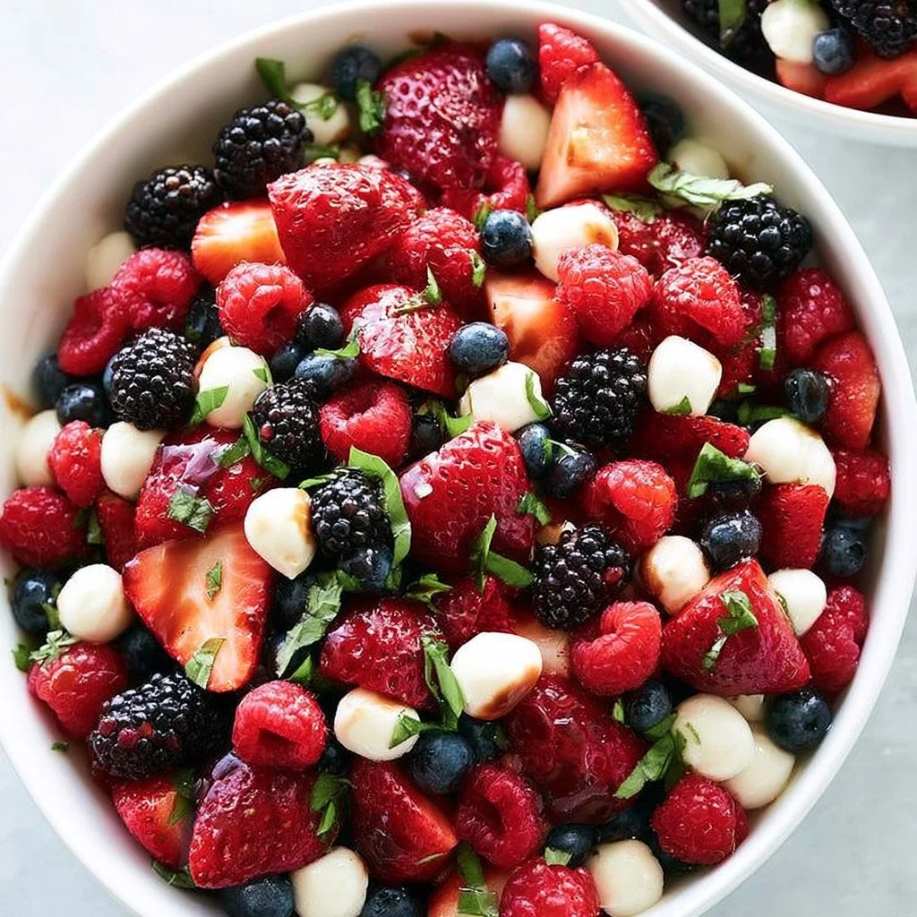 Colorful Berry Caprese Salad with fresh mozzarella and basil on a plate