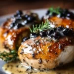 Juicy blueberry thyme chicken garnished with fresh herbs