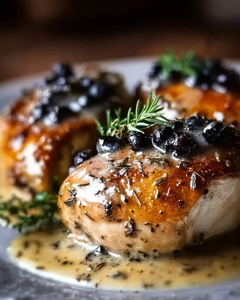 Juicy blueberry thyme chicken garnished with fresh herbs