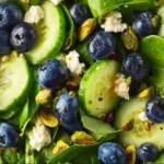 Fresh blueberry pistachio spring salad with vibrant greens and colorful fruits