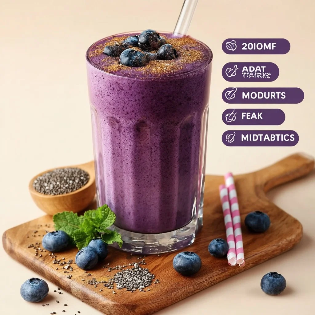 A healthy blueberry smoothie in a glass topped with fresh berries.