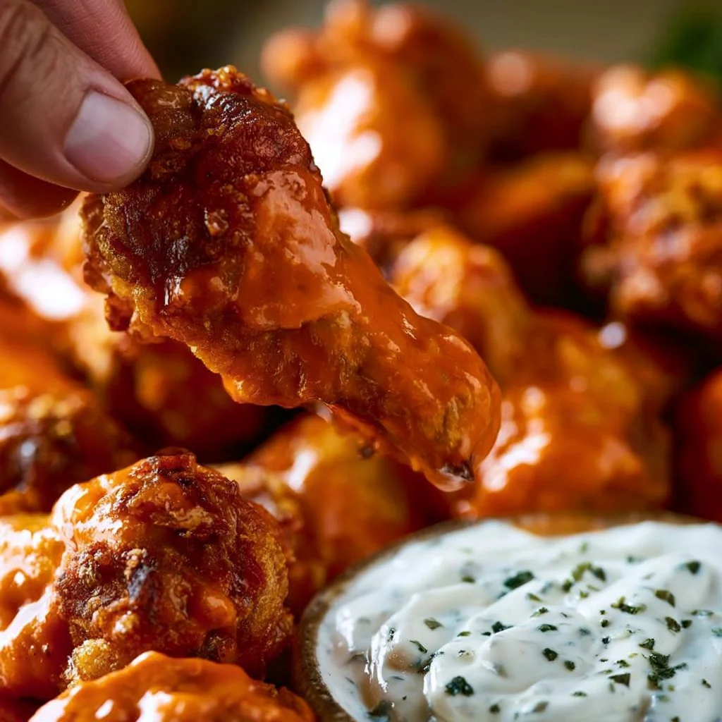 Delicious Buffalo Chicken Wings with spicy sauce on a platter