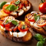 Delicious Caprese Crostini with fresh tomatoes, basil, and mozzarella on crispy bread.